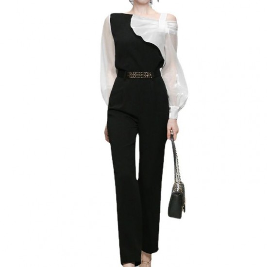 Elegant women blouse seluar Black And White Contrast Color Top High Waist Black Ankle-length Pants Suit