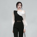 Elegant women blouse seluar Black And White Contrast Color Top High Waist Black Ankle-length Pants Suit