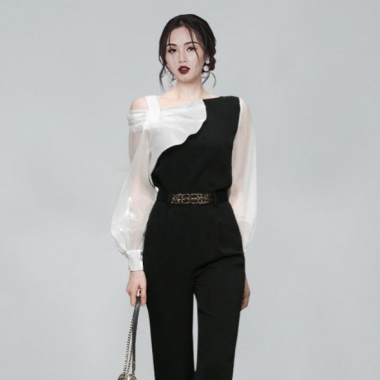 Elegant women blouse seluar Black And White Contrast Color Top High Waist Black Ankle-length Pants Suit