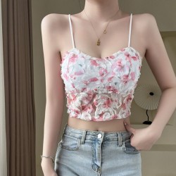 Flower Outer Wear Tube Top With pads Backless Chiffon Camisole Floral Lace Vest Sweet Short Tank Top